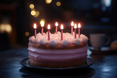 Birthday cake with burning candles on table in cafe, closeupの素材