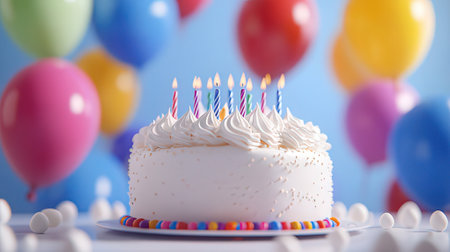 Birthday cake with candles and balloons on blue background, closeupの素材