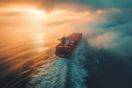 Container ship in the sea at sunset. 3D Rendering.の素材