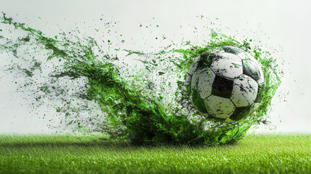 Soccer ball with green splashes on the grass. 3d renderingの素材