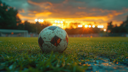 Soccer ball on green grass with sunset in background. Soccer ball on the fieldの素材