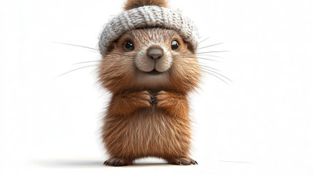 3D rendering of a cute marmot in winter hat isolated on white backgroundの素材