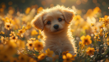 Cute Golden Retriever puppy sitting in the field of flowersの素材