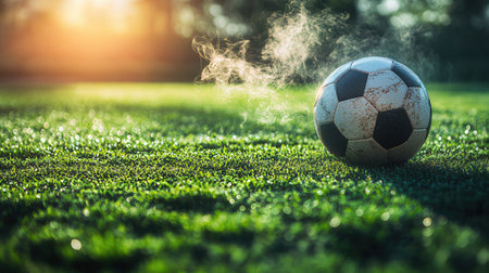 Soccer ball on green grass with sunlight. Soccer ball on green grass.の素材