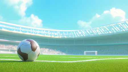 Soccer ball on the field. 3D rendering. 3D illustration.の素材