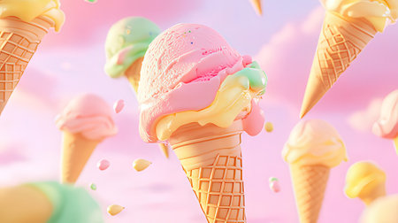 Ice cream cone with pink, yellow, blue and green. 3d renderingの素材