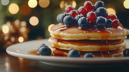 Pancakes with blueberries and maple syrup on wooden table, closeupの素材
