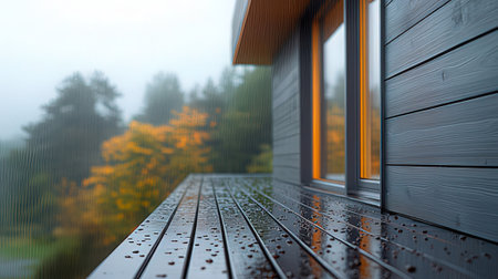 Wooden terrace with a view of the autumn forest and fogの素材