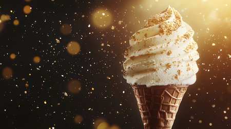 Ice cream in waffle cone on black background with golden sparklesの素材