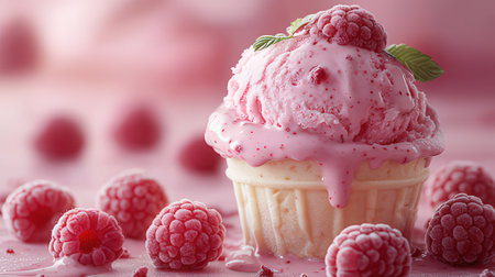 Cupcake with raspberry ice cream and fresh raspberries on pink backgroundの素材