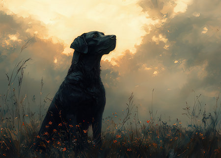 Black dog sitting in the meadow at sunset. Digital painting.の素材