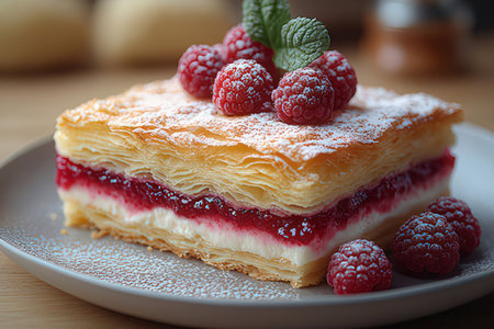 Piece of cake with raspberries and mint on a plateの素材