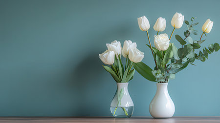 White tulips and eucalyptus in vase on blue wall backgroundの素材