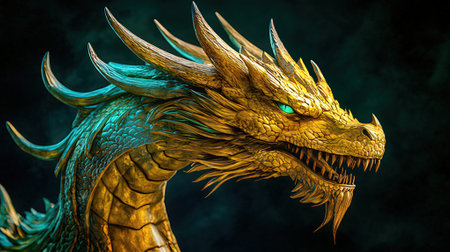 Dragon head on black background. 3D illustration. Fantasy dragon.の素材