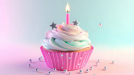 Birthday cupcake with pink buttercream icing and lit candle. 3D Renderの素材