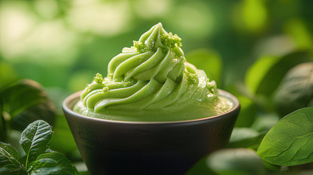 Matcha green tea ice cream in a bowl on green leaves backgroundの素材