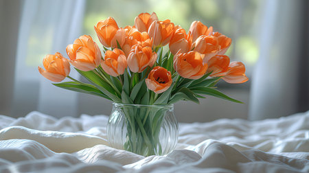 Bouquet of orange tulips in a glass vase on a bedの素材