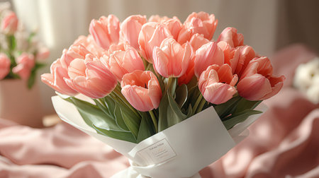Bouquet of pink tulips on light background, closeupの素材