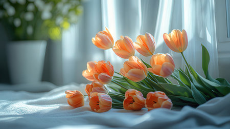 Bouquet of orange tulips on a bed in the interiorの素材