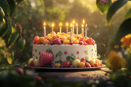 Birthday cake with candles and berries in the garden. Selective focus.の素材