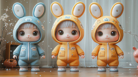 3d rendering of cute baby boy and girl wearing bunny costume.の素材