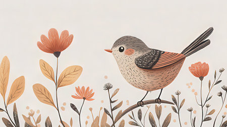 Hand drawn vector illustration of a cute little bird sitting on a branch with flowersの素材
