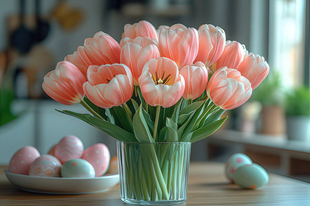 Bouquet of pink tulips and easter eggs on the table.の素材
