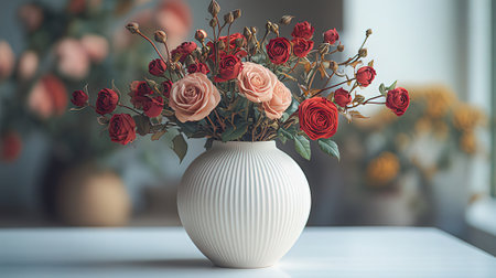 Vase with beautiful red roses on table in room, closeupの素材