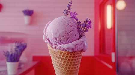 Delicious ice cream in waffle cone with lavender on pink backgroundの素材