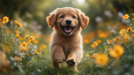 Cute little golden retriever puppy running in the field of flowersの素材
