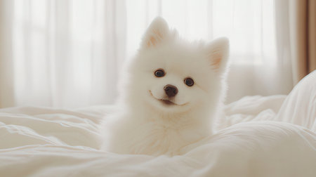Cute Pomeranian dog on white bed in the morning.の素材
