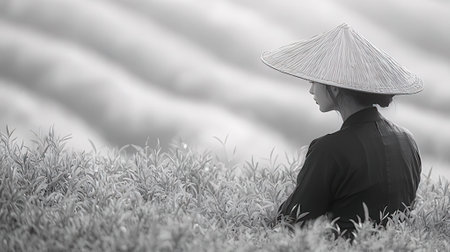 Asian woman with rice field in the background, black and white toneの素材