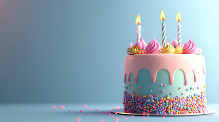 birthday cake with burning candles on a blue background. 3d renderingの素材