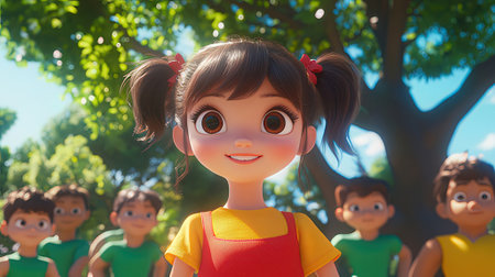 Happy little girl in a red dress playing with a group of childrenの素材