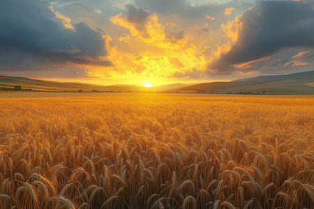 Sunset over wheat field. Nature composition. 3D render.の素材