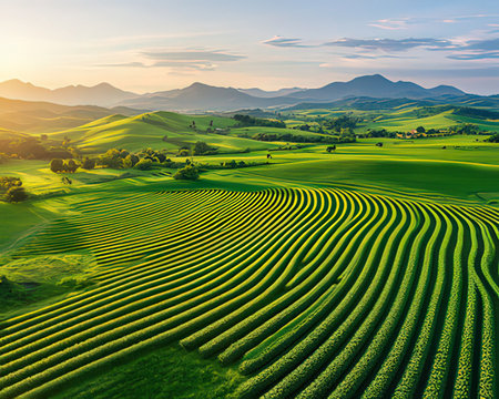 Aerial view of green field in Tuscany, Italyの素材