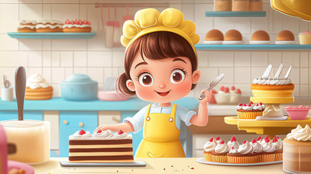 Cute little girl cooking cakes in the kitchen. Cartoon vector illustration.の素材