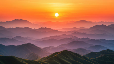 Sunset over the mountains. Landscape with mountains and sun.の素材