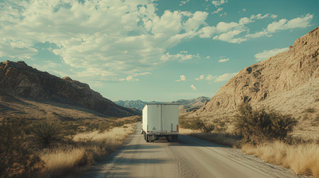 Truck on the road in the desert with mountains in the backgroundの素材
