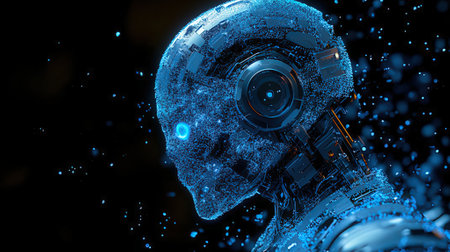 3d rendering humanoid robot on dark background with blue lights 3d renderingの素材