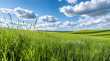 Green field and blue sky with white clouds. Spring landscape. Panorama.の素材
