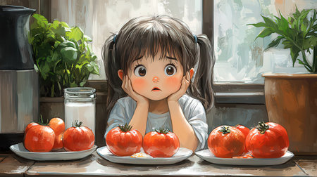 A cute little girl with tomato in her hands. Conceptual illustration.の素材