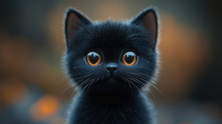Portrait of a black cat with orange eyes on a blurred backgroundの素材