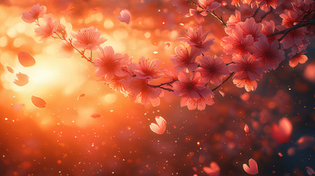 cherry blossom background with bokeh effect and sun raysの素材