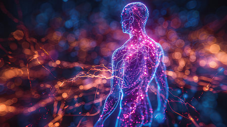3d rendering of human body with glowing particles on dark background with bokeh lightsの素材