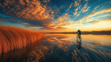 Cyclist on the beach at sunset. 3D illustration.の素材