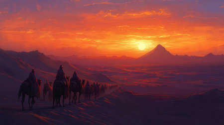 3D rendering of a camel caravan in the desert at sunset.の素材