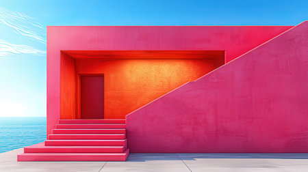 Conceptual red stairway leading to a bright blue sky with cloudsの素材