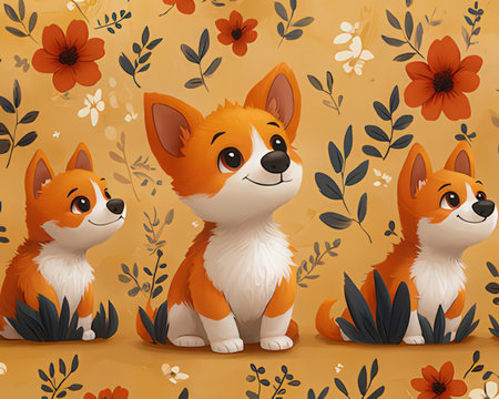Seamless pattern with cute corgi puppies and flowers. Vector illustrationの素材