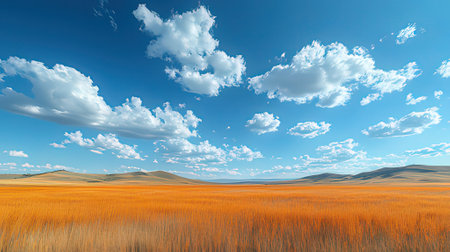 3D illustration of grassland and blue sky with white clouds.の素材